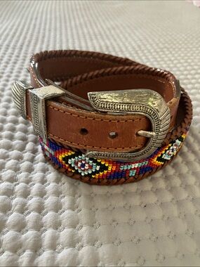 Brown Leather Beaded Men’s Belt with Silver Buckle